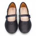 School shoes Mary Jane style with hook and loop strap and bow in washable leather for girls.