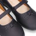 School shoes Mary Jane style with hook and loop strap and bow in washable leather for girls.