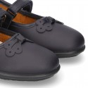 School shoes Mary Jane style with hook and loop strap and bow in washable leather for girls.