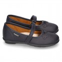 School shoes Mary Jane style with hook and loop strap and bow in washable leather for girls.