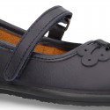 School shoes Mary Jane style with hook and loop strap and bow in washable leather for girls.
