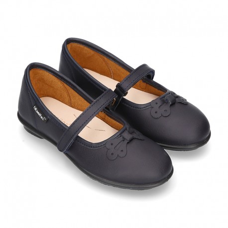 School shoes Mary Jane style with hook and loop strap and bow in washable leather for girls.