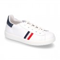 Casual washable leather kids tennis shoes with flag design.