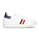 Casual washable leather kids tennis shoes with flag design.