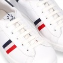 Casual washable leather kids tennis shoes with flag design.