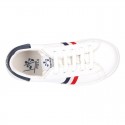 Casual washable leather kids tennis shoes with flag design.