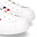 Casual washable leather kids tennis shoes with flag design.