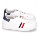 Casual washable leather kids tennis shoes with flag design.