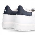 Casual washable leather kids tennis shoes with flag design.