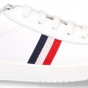 Casual washable leather kids tennis shoes with flag design.