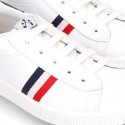 Casual washable leather kids tennis shoes with flag design.