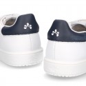 Casual washable leather kids tennis shoes with flag design.