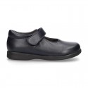 Classic Mary Jane school shoes with hook and loop strap in leather.