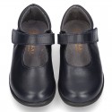 Classic Mary Jane school shoes with hook and loop strap in leather.