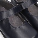 Classic Mary Jane school shoes with hook and loop strap in leather.