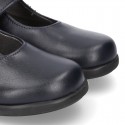 Classic Mary Jane school shoes with hook and loop strap in leather.