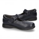 Classic Mary Jane school shoes with hook and loop strap in leather.