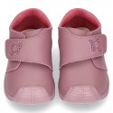 New Washable leather bootie shoes with velcro strap and reinforced toe cap and counter for first steps.