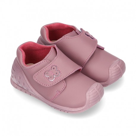 New Washable leather bootie shoes with velcro strap and reinforced toe cap and counter for first steps.