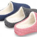 New structured wool knit home shoes with opened shape.