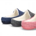 New structured wool knit home shoes with opened shape.