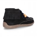 INDIAN style ankle boots with fringed design in suede leather.