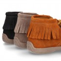 INDIAN style ankle boots with fringed design in suede leather.