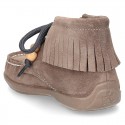 INDIAN style ankle boots with fringed design in suede leather.