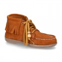 INDIAN style ankle boots with fringed design in suede leather.
