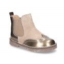 Combined leather kids ankle boots with elastic band and thick outsole.