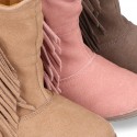 Suede leather boot shoes with fringed detail for toddler girls.