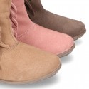 Suede leather boot shoes with fringed detail for toddler girls.