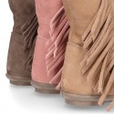 Suede leather boot shoes with fringed detail for toddler girls.