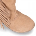 Suede leather boot shoes with fringed detail for toddler girls.