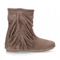 Suede leather boot shoes with fringed detail for toddler girls.