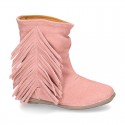 Suede leather boot shoes with fringed detail for toddler girls.