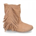 Suede leather boot shoes with fringed detail for toddler girls.