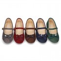 Autumn winter canvas little Mary Jane shoes with buckle fastening and ribbon with patent finished.