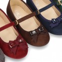 Autumn winter canvas little Mary Jane shoes with buckle fastening and ribbon with patent finished.