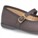 Autumn winter canvas little Mary Jane shoes with buckle fastening and ribbon with patent finished.