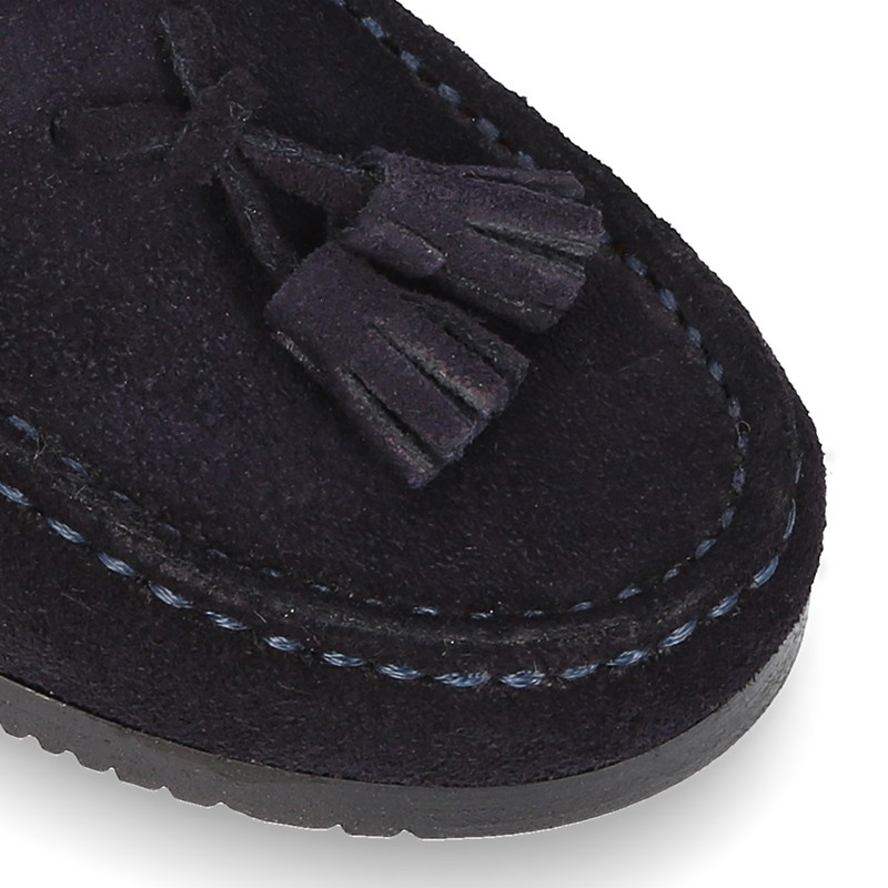 Classic suede leather moccasins with tassels and thick soles. D068 ...