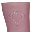 New washable leather boot shoes with zipper closure and heart design.