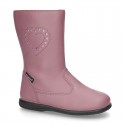 New washable leather boot shoes with zipper closure and heart design.
