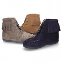 MOHICAN style ankle boots with fringed design in suede leather.