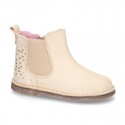 Suede leather ankle boot shoes with HEARTS print design and zipper.