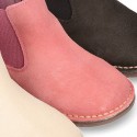 Suede leather ankle boot shoes with HEARTS print design and zipper.