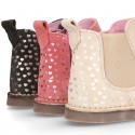 Suede leather ankle boot shoes with HEARTS print design and zipper.