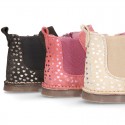 Suede leather ankle boot shoes with HEARTS print design and zipper.