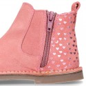 Suede leather ankle boot shoes with HEARTS print design and zipper.