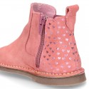 Suede leather ankle boot shoes with HEARTS print design and zipper.